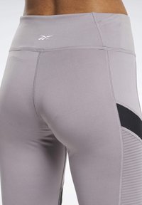 Šedé sportovní legíny mají vysoký pas, hladký povrch, černé akcenty a žebrované detaily po stranách, s malým logem na zadní straně.