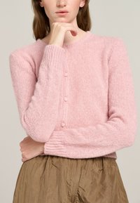 Hellrosa gestrickte Strickjacke mit rundem Halsausschnitt, langen Ärmeln und Knopfverschluss. Weiche Textur und Rippdetails an den Bündchen und dem Saum.