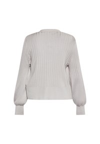 Lichtgrijs cropped sweatshirt met een ribbelstructuur, lange ballonmouwen en een ronde halslijn. Eenvoudig ontwerp zonder patronen of accenten.