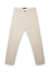 Beige, gerade geschnittene Hose aus Baumwollmischgewebe. Verfügt über zwei Seitentaschen und einen einzelnen Knopfverschluss an der Taille.