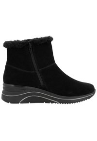 Bottines noires en daim doux avec un revers en fausse fourrure, fermeture éclair sur le côté et semelle en coin texturée pour une meilleure adhérence.