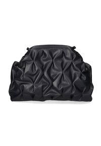 Borsa a tracolla nera trapuntata realizzata in materiale sintetico liscio, caratterizzata da una superficie testurizzata unica con forme morbide e arrotondate e una chiusura con zip.