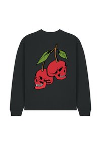 Felpa nera con grafica di due teschi rossi circondati da foglie verdi. Il design è centrale e prominente, con una vestibilità casual.