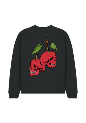 Zwarte sweatshirt met een grafisch ontwerp van twee rode schedels met groene bladeren. Het ontwerp is gecentreerd en prominent, met een casual pasvorm.