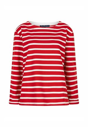 Langarmshirt met horizontale rood-witte strepen en een ronde hals, getoond op een witte achtergrond.