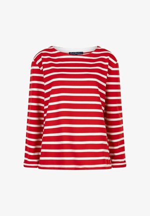 Langarmshirt met horizontale rood-witte strepen en een ronde hals, getoond op een witte achtergrond.