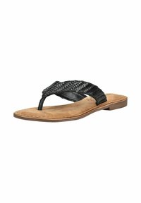 Sandale plate marron avec une bride tressée noire en forme de lanière et une semelle rembourrée, conçue pour un usage décontracté.