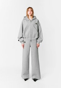 Sudadera gris claro, de gran tamaño, con cremallera frontal y detalle con logo, combinada con pantalones de chándal de pierna ancha a juego. Ambos hechos de una tela suave y texturizada.