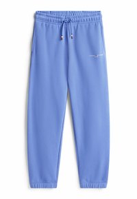 Lavendelblå sweatpants med elastisk talje, snor, sidelommer, elastiske manchetter og lille Tommy Hilfiger logo på venstre lår.