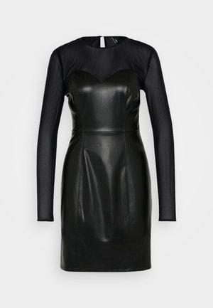 Black dress with a fitted leather bodice, long sheer sleeves, and a sweetheart neckline. Smooth texture with structured silhouette.