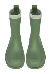 Bottes de pluie en caoutchouc vertes avec une semelle texturée, une surface lisse et un bord décoratif tissé. Comprend des poignées à l'arrière pour un enfilage facile.