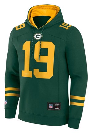 Zielono-żółta bluza z kapturem Green Bay Packers z numerem 19 na przodzie i na ramieniu, naszywkami NFL i Fanatics oraz podwójnymi żółtymi paskami na rękawach.
