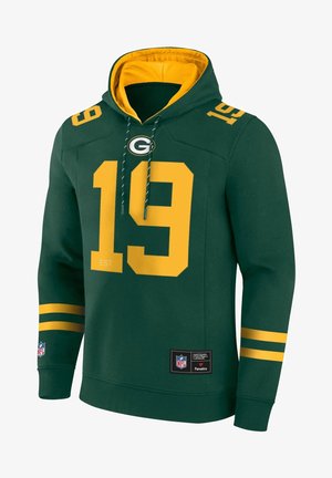 Zielono-żółta bluza z kapturem Green Bay Packers z numerem 19 na przodzie i na ramieniu, naszywkami NFL i Fanatics oraz podwójnymi żółtymi paskami na rękawach.