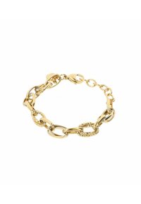 Gouden kettingarmband met gladde en gestructureerde ovale schakels, een veilige sluiting en een glanzende afwerking. Ideaal voor zowel casual als formele gelegenheden.