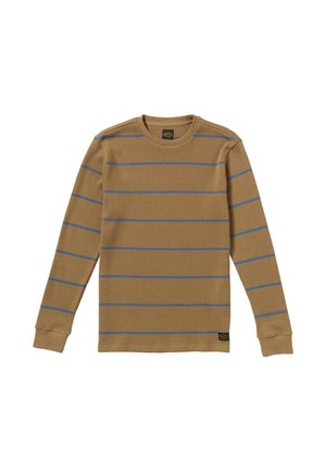 Waffle-knit long-sleeve shirt in tan with blue horizontal stripes. Features a round neck and cuffed sleeves. Includes a small brand logo tag.