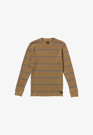 Waffle-knit long-sleeve shirt in tan with blue horizontal stripes. Features a round neck and cuffed sleeves. Includes a small brand logo tag.
