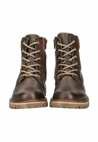 Brown leather ankle boots with round toes, contrasting beige laces, and a side zipper. Features textured accents and a durable rubber sole.
