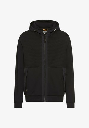 Sort zip-up hoodie med et struktureret sekskantet mønster på den øverste sektion. Har en hætte med snoretræk samt ribbede manchetter og kant.