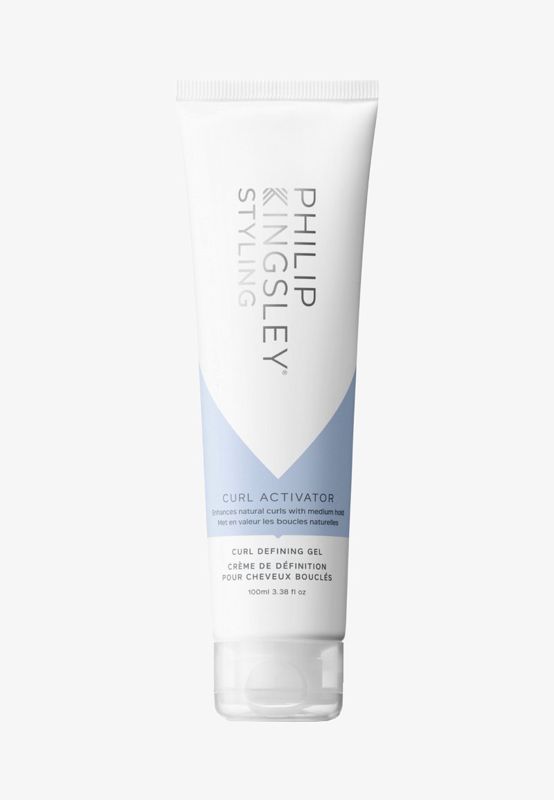 Weisse Tube mit der Aufschrift "Philip Kingsley" und blauen Akzenten. Enthält 100 ml Lockendefiniergel mit dem Etikett "Curl Activator" zur Hervorhebung von Locken mit mittlerem Halt.