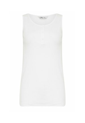 Camiseta blanca sin mangas con cuello redondo y dos pequeños botones delanteros, etiquetada como LTS, presentada sobre un fondo liso.