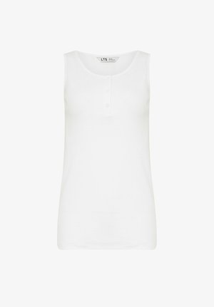 Witte mouwloze tanktop met ronde hals en twee kleine knopen aan de voorkant, gelabeld LTS, weergegeven op een effen achtergrond.