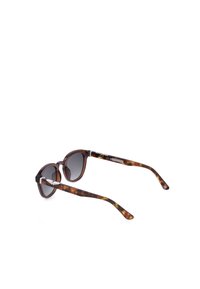 Lunettes de soleil écaille de tortue marron à verres ronds et foncés avec des accents décoratifs argentés sur les branches, vues de profil sur fond blanc.