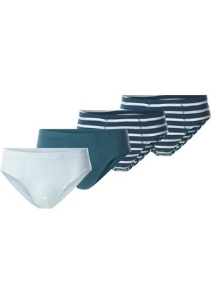 Vier Paare Damenunterwäsche: eine hellblaue, zwei einfarbige dunkelpetrol und eine marineblaue mit weißen Streifen. Aus Baumwollmaterial, mit elastischen Bündchen.