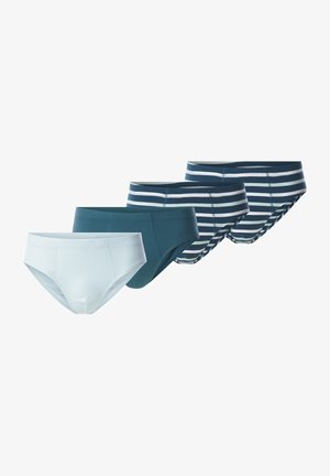 Vier Paare Damenunterwäsche: eine hellblaue, zwei einfarbige dunkelpetrol und eine marineblaue mit weißen Streifen. Aus Baumwollmaterial, mit elastischen Bündchen.