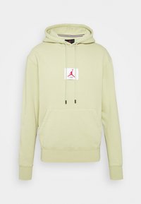Sudadera verde claro con un bolsillo tipo canguro en el frente y capucha con cordón. Presenta un parche blanco con un logo rojo y texto en el pecho.