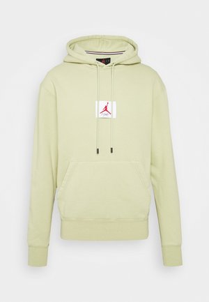 Hoodie vert clair avec une poche kangourou à l'avant et une capuche avec cordon de serrage. Présente un patch blanc avec un logo rouge et du texte sur la poitrine.