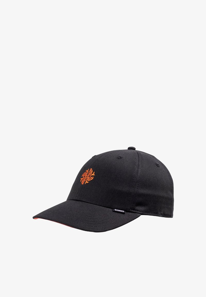 Black baseball cap with a structured crown, curved visor, and orange floral embroidery on the front. Features a logo tag on the side.
