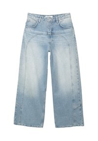 Svetlo modri široki jeans s srednje visoko pasom, z rahlim bledenjem, dvema sprednjima žepoma in šivanjem na stegnih.