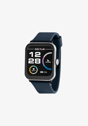 Firkantet smartwatch med en sort touchskærm, der viser farverige målinger. Mørkeblå silikonerem og rustfri stålkant. Batteri på 99%.