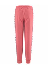 I pantaloni della tuta rosa presentano un waistband con coulisse, polsini tapered e pannelli laterali decorati con accenti multicolore. Tessuto morbido e leggero.