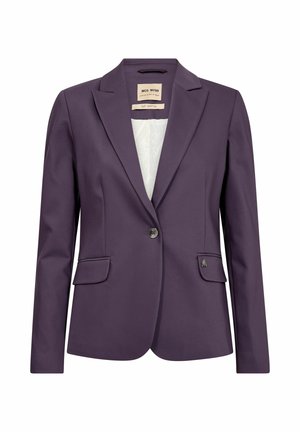 Blazer viola su misura da donna con rever a incavo, chiusura con un bottone, tasche con pattina e fodera interna bianca.