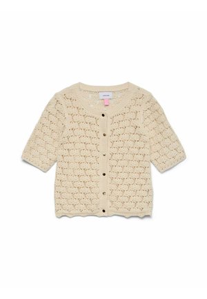 Gebreide cardigan met korte mouwen in roomkleur, met geschulpte randen en knopen aan de voorkant, voorzien van een fijn opengewerkt patroon.