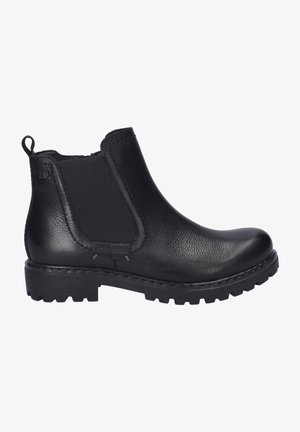 Schwarze Leder-Ankle-Boots mit elastischen Einsatzseiten, strukturiertem Finish, abgerundeter Spitze und robustem Gummisohle. Verfügt über eine Schlaufe zum einfachen Anziehen.