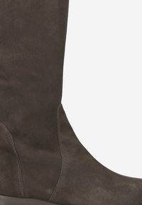 Botte haute en suède marron avec une texture lisse et un bord supérieur arrondi. Des coutures visibles le long des coutures mettent en valeur le design structurel.