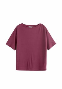 T-shirt mauve à manches courtes avec un large col rond et une coupe décontractée. Fabriqué en coton doux, avec une texture lisse et sans motifs.