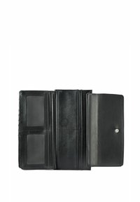 Czarny skórzany portfel otwarty, z wieloma przegródkami na karty, gładkim wykończeniem i bezpiecznym zapięciem na zatrzask. Minimalistyczny design bez wzorów.