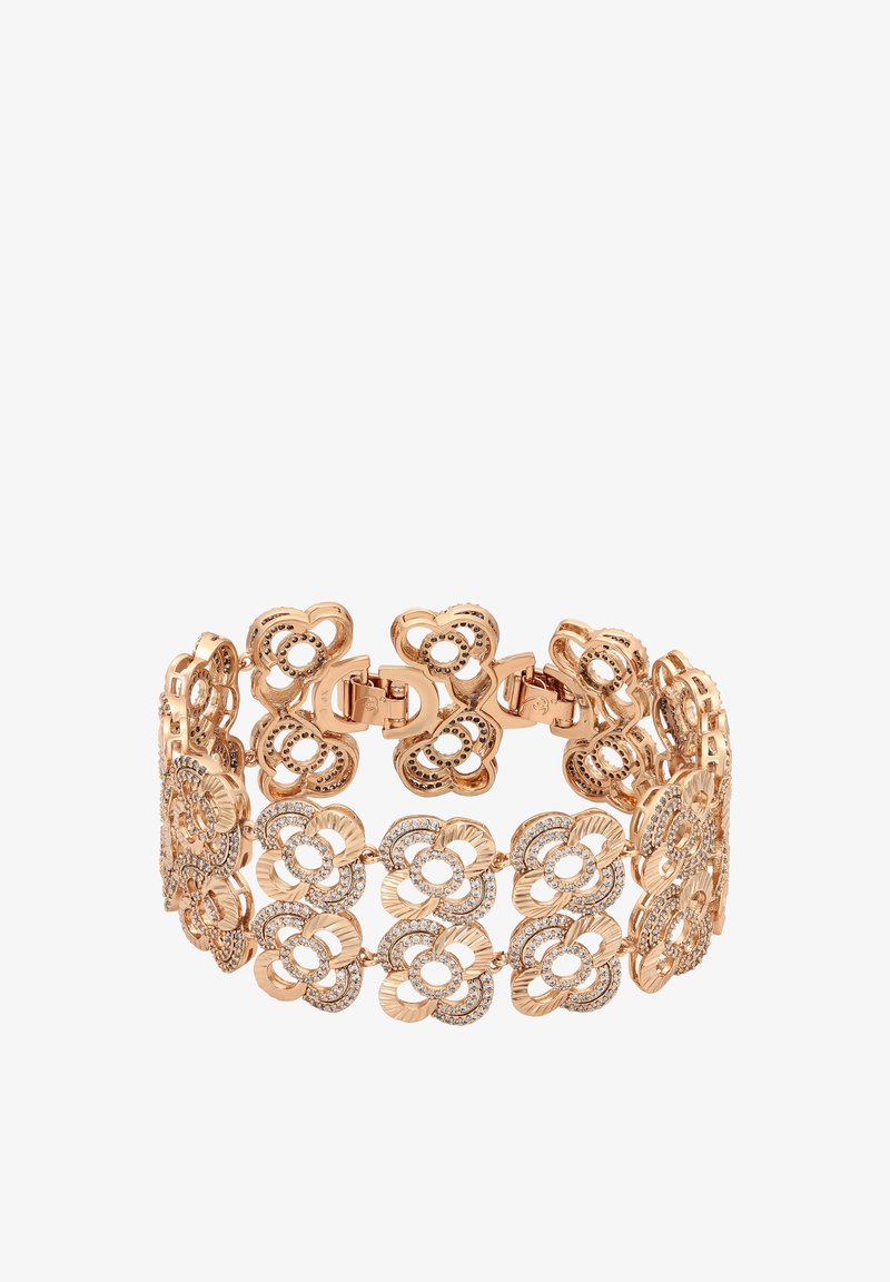 Rózsaarany karkötő virágmintákkal, bonyolult kivágásokkal. Apró, tiszta drágakövekkel díszítve, texturált, elegáns megjelenést kölcsönözve.