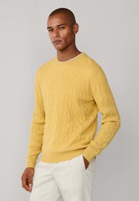 Geel gebreid sweater met een kabelpatroon, ronde hals, geribbelde manchetten en zoom; gecombineerd met crèmekleurige broek, neutrale achtergrond.
