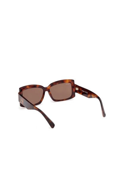 Brown tortoiseshell sunglasses with rectangular lenses and thick plastic frames. Features slender temples and subtle brand detailing on the side.