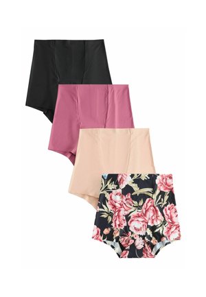 Fire par damer højtaljede undertøj: sort, pink, beige, og blomstermønster på en mørk baggrund. Glat stof med elastisk kant.