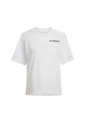 Witte T-shirt met korte mouwen van Adidas Terrex met ronde hals en zwart Terrex-logo op de bovenste linkerkant van de borst.