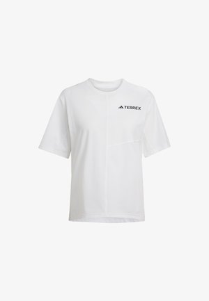 Witte T-shirt met korte mouwen van Adidas Terrex met ronde hals en zwart Terrex-logo op de bovenste linkerkant van de borst.