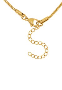 Goldene Kettenhalskette mit flexiblem Design, Karabinerverschluss und einer Verlängerungskette mit ovalen Gliedern für anpassbare Länge.