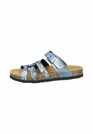 Blue and gray sandals featuring floral patterns, multiple straps, a buckle closure, and a cork sole with a textured black outsole.