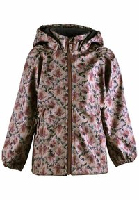 Blumendruck-Hoodie mit Reißverschluss, elastischen Bündchen und zwei Seitentaschen. Die Farben umfassen Pink, Grün und Braun mit einer strukturierten Oberfläche.