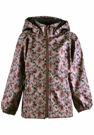 Giacca con cappuccio a stampa floreale, dotata di zip frontale, polsini elastici e due tasche laterali. I colori includono rosa, verde e marrone con una finitura texturizzata.